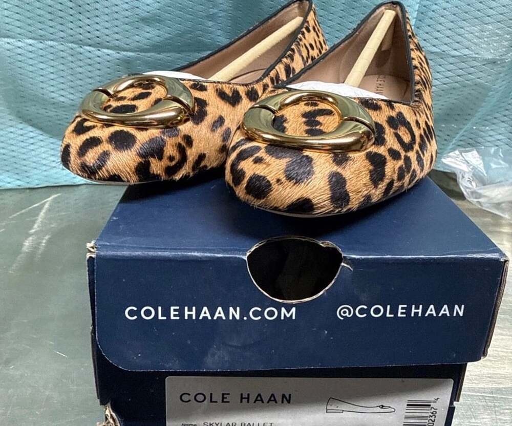 Cole Haan Skylar Ballet Flats Size 5.5B Leopard Print Calf Hair Gold Buckle